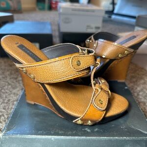 bcbgmaxazria cognac leather wedges